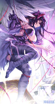 2girls absurdres akemi_homura akuma_homura alternate_breast_size_(larger) arm_strap artist_name bow breasts cleavage commentary_request elbow_gloves electricity faceless faceless_female feathered_wings floating floating_object full_body gloves hair_ornament highres joshua_(tubie) kaname_madoka large_breasts leotard long_hair mahou_shoujo_madoka_magica mahou_shoujo_madoka_magica:_hangyaku_no_monogatari multiple_girls nail_polish no_shoes oversized_wings pink_bow pink_eyes pink_hair plug pointy_nose portal_(object) purple_hair purple_leotard purple_nails purple_thighhighs red_ribbon ribbon screen short_sleeves single_elbow_glove soles solo_focus standing standing_on_one_leg strapless strapless_leotard television thighhighs thighs torn_clothes ultimate_madoka wings
