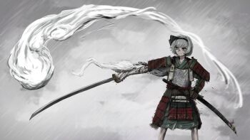 1girl absurdres adapted_costume armor bandaged_arm bandages black_hairband changetofantasy closed_mouth dou feet_out_of_frame ghost grey_hair hairband highres holding holding_sword holding_weapon japanese_armor katana konpaku_youmu konpaku_youmu_(ghost) kote kusazuri looking_to_the_side outdoors rain samurai short_hair shoulder_armor sode solo standing sword touhou weapon