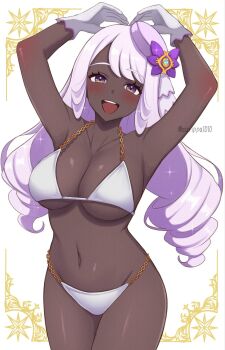 Rule 34 | 1girl, alternate breast size (larger), arms up, bikini, blush, breasts, cleavage, curvy, dark-skinned female, dark skin, eyelashes, glove bow, gloves, grey hair, highres, jacinthe (pokemon), jewelry, long hair, navel, nintendo, open mouth, pokemon, pokemon legends: z-a, purple eyes, purple skirt, skirt, smile, solo, standing, surippa1010, swimsuit, thong, thong bikini, tilted headwear, very dark skin, very long hair, white gloves, wide hips