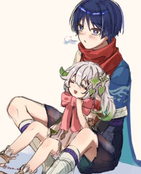 1boy 1girl anklet armlet black_hair black_shorts bloomers blue_cape blunt_ends blush bow bowtie bright_pupils cape closed_eyes colored_tips detached_sleeves dress facing_to_the_side genshin_impact gold gold_trim green_hair green_sleeves hair_between_eyes hair_ornament hakama hakama_shorts hand_up happy heart heart_hair_ornament height_difference highres japanese_clothes jewelry kimono large_bow leaf leaf_hair_ornament leg_warmers long_hair looking_to_the_side mcniconico17 multicolored_hair nahida_(genshin_impact) open_mouth pink_bow pink_bowtie pleated_shorts pointy_ears puff_of_air purple_eyes purple_hair purple_sash red_scarf sash scaramouche_(genshin_impact) scarf shorts side_ponytail sidelocks sitting sitting_between_lap sketch socks stirrup_footwear streaked_hair twitter_username underwear wanderer_(genshin_impact) white_background white_bloomers white_dress white_hair white_kimono white_leg_warmers white_pupils white_socks white_trim