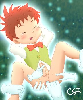 1boy absurdres blush bow cstdraws erection highres howl_no_ugoku_shiro male_focus markl red_bow shota smile tongue tongue_out yaoi