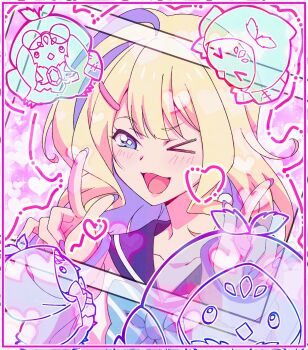 &gt;_o 1girl anime_coloring aqua_bow aqua_bowtie blonde_hair blue_eyes bow bowtie drawn_heart hair_ornament hairpin heart highres long_hair multicolored_hair nail_polish one_eye_closed open_mouth purikura purple_hair purple_sailor_collar sailor_collar shadowverse shadowverse_(animated_series) shadowverse_flame shirt solo striped_bow striped_bowtie striped_clothes takanashi_tsubasa_(shadowverse_flame) ting76859 upper_body white_shirt