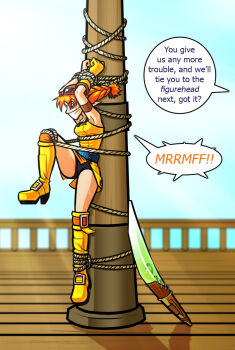 1girl aika_(eternal_arcadia) bdsm bondage bound bound_ankles bound_legs bound_wrists brown_eyes cloth_gag english_text eternal_arcadia gag gagged highres improvised_gag legs orange_hair cloth_gag sweat wossarem