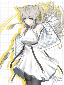 1girl absurdres arknights arknights:_endfield bare_shoulders black_pantyhose breasts brown_hair gloves grey_eyes grey_gloves highres jacket long_hair looking_at_viewer medium_breasts pantyhose perlica_(arknights) ryuna_ryuna skirt solo thighs two-tone_gloves white_background white_jacket white_skirt yellow_gloves