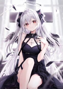 Rule 34 | 1girl, bare legs, black bow, black dress, black nails, black ribbon, black wings, bow, commentary request, cross, dress, feathers, feet out of frame, fingernails, hair bow, hair ribbon, halo, hand on own chest, hand up, highres, indie virtual youtuber, indoors, kuroba ayame, long hair, looking at viewer, mini wings, nail polish, red eyes, ribbon, sitting, solo, thighs, very long hair, white background, white hair, wings