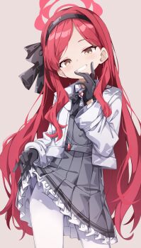 1girl black_gloves blue_archive clothes_lift commentary_request dress gloves hairband halo highres jacket long_hair pantyhose red_hair sabana smile solo takane_(blue_archive) white_jacket white_pantyhose yellow_eyes