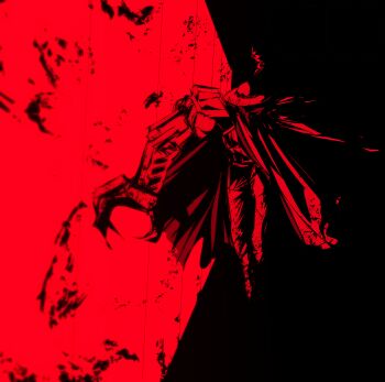 1other absurdres black_background blood blood_splatter cape cloak commentary covered_face dirt facing_viewer goldgalchi hat high_contrast highres mechanical_arms military_uniform original paint_splatter pants red_background red_cape red_cloak red_pants red_scarf sanabi scarf single_mechanical_arm straw_hat symbol-only_commentary two-tone_background walking