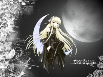 00s 1girl black_eyes black_theme blonde_hair chii chobits clamp dark dress elda female_focus freya freya_(chobits) goth_fashion gothic_lolita hairband kimura_masahiro lolita_fashion long_hair moon night persocons robot_ears sad sitting solo very_long_hair yellow_eyes