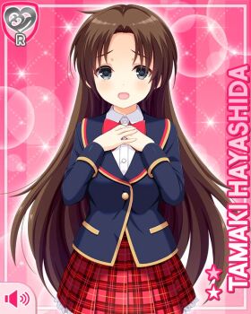 1girl blue_jacket bow brown_hair button character_name girlfriend_(kari) grey_eyes hand_on_own_chest hayashida_tamaki jacket long_hair looking_at_viewer official_art open_mouth pink_background plaid_clothes plaid_skirt qp:flapper red_bow red_skirt ribbon school_uniform shirt skirt white_shirt worried