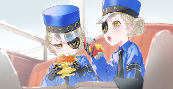 2girls armband azusa_(azunyan12) black_armband black_cat black_gloves black_necktie blonde_hair blue_hat blue_shirt blush booth_seating braid burger caroline_(persona_5) cat chewing collared_shirt commentary double_bun eating eyepatch food food_in_mouth gloves grey_hair hair_bun hand_up hands_up hat highres holding holding_food holding_toy justine_(persona_5) long_sleeves looking_at_food looking_at_object multiple_girls necktie open_mouth persona persona_5 persona_5_the_royal restaurant rocket shirt short_hair siblings sisters sitting sparkle stuffed_toy symbol-only_commentary toy twins upper_body yellow_eyes