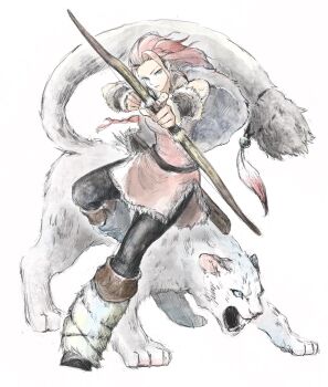 1girl aiming aiming_at_viewer archery black_pants blue_eyes boots bow_(weapon) closed_mouth commentary_request fur_boots green_eyes h'aanit_(octopath_traveler) highres linde_(octopath_traveler) long_hair octopath_traveler octopath_traveler_i open_mouth pants pink_hair qqqqqli quiver sharp_teeth simple_background snow_leopard teeth weapon white_background white_fur