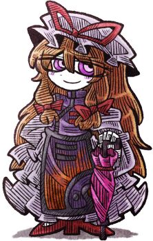 1girl absurdly_long_hair blonde_hair bow chibi chibi_only dress frills hair_between_eyes hair_bow hat hat_ribbon holding holding_umbrella long_dress long_hair mob_cap purple_eyes purple_tabard red_bow red_ribbon red_shoes ribbon shoes simple_background solo standing suenari_(peace) tabard touhou umbrella very_long_hair white_background white_dress white_hat yakumo_yukari