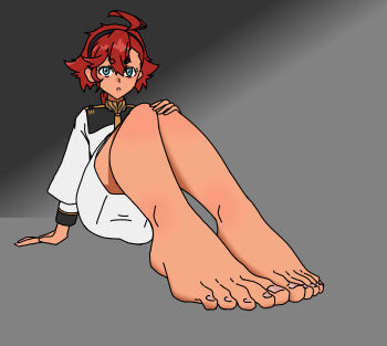 1girl absurdres barefoot blue_eyes feet gundam gundam_suisei_no_majo hairband hand_on_own_knee highres long_hair looking_at_viewer parted_lips paxa349 red_hair suletta_mercury toes