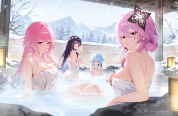 4girls black_flower black_nails blue_eyes blue_hair blush breasts cerydra_(honkai:_star_rail) closed_mouth collarbone colored_inner_hair commentary covering_breasts covering_privates cyrene_(honkai:_star_rail) cyrene_(ripples_of_past_reverie)_(honkai:_star_rail) evernight_(honkai:_star_rail) flower grey_hair hair_between_eyes hair_flower hair_ornament honkai:_star_rail honkai_(series) hysilens_(honkai:_star_rail) large_breasts long_hair looking_at_viewer march_7th_(honkai:_star_rail) mountainous_horizon multicolored_hair multiple_girls nail_polish naked_towel onsen partially_submerged pink_hair purple_hair shrimp_cake sitting smile snowing symbol-only_commentary towel wet winter