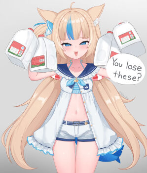 1girl absurdres animal_ears bikini blonde_hair blue_eyes blush cat_ears dress drink_carton english_text fangs fins fish_tail highres indie_virtual_youtuber legs loli long_hair long_twintails looking_at_viewer milk_carton navel open_clothes open_dress sameko_saba shorts smile smug solo speech_bubble standing stomach swimsuit tail thighs twintails virtual_youtuber yahnuko