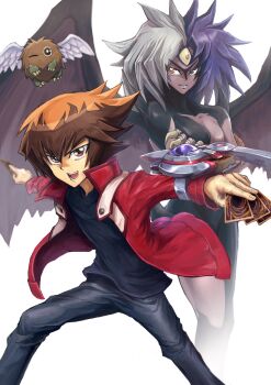 1boy 1other absurdres black_shirt brown_eyes brown_hair card claws commentary_request deadspike_nine demon_wings duel_academy_uniform_(yu-gi-oh!_gx) duel_disk duel_monster feathers green_eyes hair_between_eyes heterochromia highres holding jacket legs_apart long_sleeves male_focus multicolored_hair open_clothes open_jacket open_mouth orange_eyes pants purple_hair red_jacket shirt short_hair simple_background smile split-color_hair standing third_eye two-tone_hair white_background white_hair winged_kuriboh wings yu-gi-oh! yu-gi-oh!_gx yubel yuki_judai