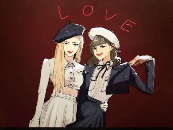 2girls black_jacket black_skirt blackpink blunt_bangs closed_mouth cropped_jacket dutch_angle hat iiiiben jacket lisa_(blackpink) long_hair looking_at_viewer multiple_girls red_lips rose_(blackpink) shirt shirt_tucked_in skirt smile white_jacket white_shirt white_skirt