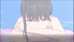 1girl animated arched_back ass audible_speech back barefoot bikini black_bikini black_hair blue_bikini blue_eyes breasts cleavage closed_eyes curvy feet gridman_universe hair_ornament hair_scrunchie long_hair looking_at_viewer official_art orange_scrunchie outdoors ponytail scrunchie sidelocks smile sound ssss.gridman sun super_robot_wars super_robot_wars_dd swimsuit tagme takarada_rikka thick_thighs thighs thong_bikini video water whale_tail_(clothing)