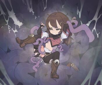 1boy anal boots brown_hair clenched_teeth commission highres male_focus original pantyhose penis pshuuu restrained teeth tentacle_sex tentacles tentacles_on_male testicles torn_clothes variant_set