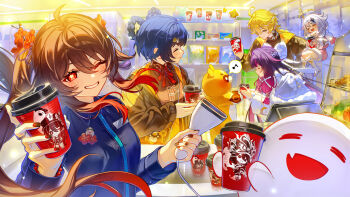 Rule 34 | 1boy, 4girls, aether (genshin impact), alternate costume, barcode scanner, bear, blonde hair, blue hair, blue jacket, boo tao (genshin impact), brown hair, brown jacket, closed eyes, columbina (genshin impact), commentary request, contemporary, convenience store, cup, disposable coffee cup, disposable cup, eye mask, flower-shaped pupils, fur trim, genshin impact, ghost, gradient hair, grin, guoba (genshin impact), hair ornament, hair rings, highres, holding, holding barcode scanner, holding cup, hu tao (genshin impact), indoors, jacket, long hair, looking at another, looking at viewer, mask, multicolored hair, multiple girls, musical note, nail polish, one eye closed, open mouth, paimon (genshin impact), pink hair, purple hair, red eyes, red hair, red nails, shop, short hair, smile, spoken musical note, symbol-shaped pupils, tomanattsu, very long hair, white hair, winter clothes, xiangling (genshin impact)