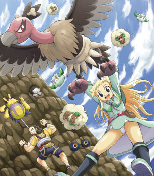 10s 1boy 1girl :d :o backpack bag belt belt_pouch bird black_hair blonde_hair blue_eyes blush bone boots capelet claws cliff climbing cloud cottonee day denim denim_shorts double_bun dress drilbur dutch_angle falling flat_chest flying from_behind from_below galvantula gen_5_pokemon gloves hair_bun hairy_legs knee_boots long_hair looking_at_viewer looking_back mandibuzz miruto_(pokemon) mountain mountain_climbing muscular nintendo oekaki open_mouth outdoors panties pantyshot petticoat poke_ball pokemoa pokemon pokemon_(creature) pokemon_reburst pouch randoseru riding roggenrola shoes short_dress shorts sky smile sneakers surprised sweatdrop tougo_(pokemon) tougou_(pokemon) underwear upskirt very_long_hair waist_poke_ball whimsicott white_panties wings wristband