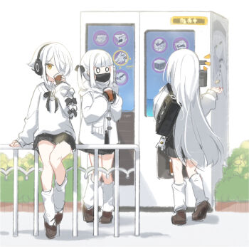 3girls bag black_bag black_bow black_mask black_ribbon black_skirt blue_archive bow brown_shoes coat commentary_request cup decagrammaton_(blue_archive) ein_(blue_archive) hair_over_one_eye hair_ribbon headphones highres holding holding_cup ideolo long_hair long_sleeves malkuth_(blue_archive) mask multiple_girls ohr_(blue_archive) on_railing railing ribbon scarf shirt shoes short_hair shoulder_bag skirt socks sof_(blue_archive) vending_machine white_bow white_coat white_hair white_scarf white_shirt white_socks yellow_eyes