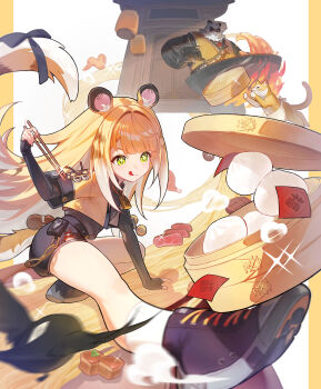 +_+ 1boy 1girl :q absurdres animal_ears bamboo_steamer bird black_shoes black_shorts blonde_hair bow cat chicken_wing chopsticks commentary_request cooking door food green_eyes highres holding holding_chopsticks jacket ju_fufu lantern meoreng_illust mixed-language_commentary noodles pan_yinhu panda_boy shoes shorts smile steamed_bun tail tail_bow tail_ornament tiger_ears tiger_girl tiger_tail tongue tongue_out wok yellow_jacket zenless_zone_zero