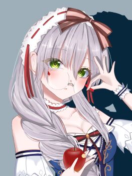 1girl adjusting_eyewear apple bare_shoulders bitten_apple commentary_request e69465 food food_bite fruit glasses green_eyes heaven_burns_red highres holding holding_food holding_fruit izumi_yuki_(heaven_burns_red) long_hair