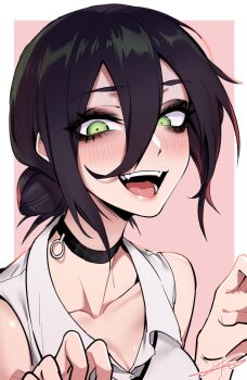 1girl bare_shoulders black_hair blush chainsaw_man choker commentary eyeliner green_eyes hair_between_eyes hair_bun highres j.k. looking_at_viewer makeup pink_background reze_(chainsaw_man) short_hair single_hair_bun sleeveless solo teeth tongue two-tone_background white_background
