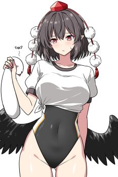 1girl absurdres alternate_costume artist_self-insert bird_wings black_one-piece_swimsuit black_wings blush breasts brown_hair closed_mouth collarbone commentary covered_navel giving_up_the_ghost gluteal_fold groin hat highres one-piece_swimsuit pointy_ears pom_pom_(clothes) puffy_short_sleeves puffy_sleeves red_eyes red_hat rise_(rise19851203) shameimaru_aya shirt short_sleeves simple_background strangling sweatdrop swimsuit swimsuit_under_clothes tied_shirt tokin_hat touhou white_background white_shirt wings
