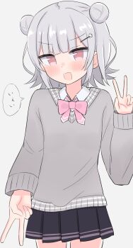 Rule 34 | 1girl, :d, absurdres, black skirt, blunt bangs, blush, bow, bowtie, cevio, collared shirt, commentary request, cowboy shot, double bun, double v, grey background, grey hair, grey sweater, hair bun, highres, koharu rikka, long hair, long sleeves, looking at viewer, medium hair, miniskirt, open mouth, pink bow, pink bowtie, pleated skirt, red eyes, sasapi, shirt, sidelocks, simple background, skirt, smile, solo, speech bubble, standing, sweater, synthesizer v, thighs, v, v-neck, voiceroid, white shirt