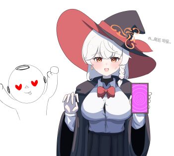 1girl 1other black_skirt blue_archive blush breasts cellphone commentary_request doodle_sensei_(blue_archive) eri_(blue_archive) hat heart heart-shaped_pupils highres hood hypnosis jewelry korean_commentary korean_text large_breasts mind_control open_mouth phone pleated_skirt ring sabnak66 sensei_(blue_archive) shirt skirt smartphone symbol-shaped_pupils white_hair white_shirt witch_hat yellow_eyes