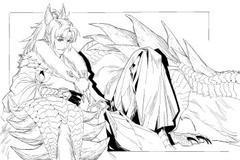 1boy feet_out_of_frame fur_trim greyscale highres lineart long_hair megasus monochrome monster monster_hunter_(character) monster_hunter_(series) monster_hunter_rise on_ground simple_background sitting smile solo white_background