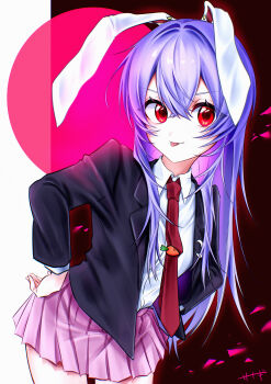1girl :p absurdres animal_ears black_jacket blazer collared_shirt commentary_request crescent crescent_pin highres jacket long_hair long_sleeves looking_at_viewer necktie open_clothes open_jacket pink_skirt pleated_skirt purple_hair rabbit_ears rabbit_girl rabbit_tail red_eyes red_necktie reisen_udongein_inaba sanagi2naritai4 shirt skirt solo tail tongue tongue_out touhou very_long_hair white_shirt