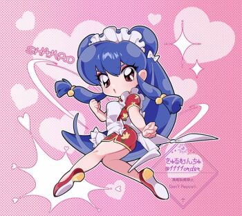 1girl apron chinese_clothes double_bun dress hair_bun long_hair pink_eyes purple_hair ranma_1/2 ribbon shampoo_(ranma_1/2) white_apron