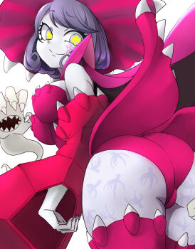1girl appmon ass bandai breasts demon_girl digimon digimon_universe:_appli_monsters female_focus hat highres huge_ass large_breasts leotard long_hair looking_at_viewer looking_back monster_girl smile solo demon_girl symbol-shaped_pupils warudamon witch_hat