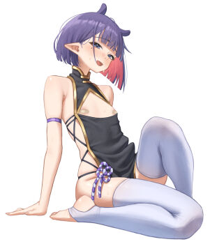 1girl alternate_costume arm_strap bandaid bandaids_on_nipples black_dress blush colored_inner_hair dress flat_chest gold_trim highres hololive hololive_english knee_up looking_at_viewer mole mole_under_eye multicolored_hair ninomae_ina'nis no_shoes open_mouth pasties pink_hair pointy_ears purple_hair samukzz short_hair sideless_dress simple_background sitting sleeveless sleeveless_dress solo stirrup_legwear thighhighs toeless_legwear virtual_youtuber white_background white_thighhighs