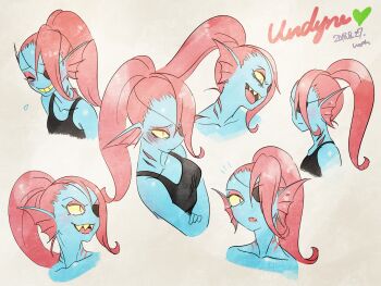 1girl absurdres bilingual_commentary black_tank_top blue_skin blush breasts closed_eyes collarbone colored_sclera colored_skin commentary dated english_commentary eyepatch fins gills head_fins heart highres mixed-language_commentary noah_(tettsui-sole) open_mouth ponytail red_hair sharp_teeth smile tank_top teeth undertale undyne upper_body utdr_(toby_fox) yellow_sclera