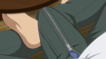 10s 1boy 2018 animated animated_gif anime_screenshot bulge close-up crossed_legs doki_doki_little_ooya-san erection erection_under_clothes from_above indian_style large_penis lowres penis sitting twitching_penis zipper