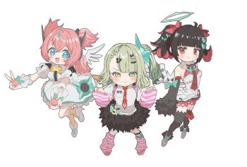 Rule 34 | 3girls, :d, angels of delusion, aria (zenless zone zero), black skirt, blue eyes, blush, commentary request, feesmmsn, green eyes, green hair, hair between eyes, hair ornament, halo, heart, high heels, highres, idol, looking at viewer, low wings, multicolored hair, multiple girls, nangong yu, necktie, open mouth, orange eyes, ribbon, shirt, short hair, side ponytail, simple background, skirt, smile, sunna (zenless zone zero), twintails, victory pose, white background, white shirt, wings, zenless zone zero