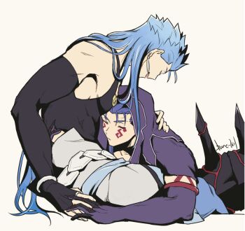 2boys black_gloves blue_hair closed_eyes cu_chulainn_(caster)_(fate) cu_chulainn_(fate) cu_chulainn_alter_(fate) earrings elbow_gloves fate/grand_order fate_(series) gloves hug jewelry long_hair male_focus multiple_boys open_mouth pectorals sidepec simple_background sitting tail white_background yaoi yukota_2631