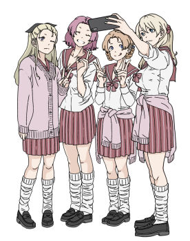 Rule 34 | 4girls, ^ ^, alternate costume, arm at side, assam (girls und panzer), black bow, black shoes, blonde hair, blue eyes, bow, bowtie, breasts, cellphone, cleavage, closed eyes, clothes around waist, collarbone, commentary request, darjeeling (girls und panzer), double v, girls und panzer, hair bow, hair ornament, hair scrunchie, highres, large breasts, loafers, long hair, loose socks, medium hair, multiple girls, one eye closed, orange pekoe (girls und panzer), phone, pink bow, pink hair, pink sailor collar, pink scrunchie, pink skirt, pink sweater, rosehip (girls und panzer), sailor collar, scrunchie, shirt, shoes, sidelocks, skirt, skrmtl, smile, socks, sweater, sweater around waist, v, white background, white shirt