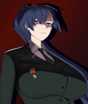 1girl absurdres black_hair blue_eyes breasts emblem formal_clothes hair_between_eyes hair_over_one_eye hammer_and_sickle highres huge_breasts jacket looking_at_viewer mafrn3_(g03s) military military_uniform necktie ponytail soviet soviet_army suit suit_jacket valentina_(nuclear-il2)