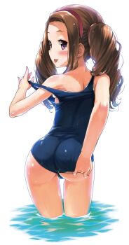 1girl :p adjusting_clothes adjusting_swimsuit ass back bare_shoulders blush brown_hair drill_hair female_focus from_behind highres idolmaster idolmaster_(classic) loli long_hair looking_at_viewer looking_back minase_iori shirane_taito simple_background solo standing strap_pull swimsuit thigh_gap thighs tongue tongue_out twintails water wet white_background