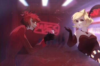 1boy 1girl alastor_(hazbin_hotel) animal_ears black_dress black_gloves black_sclera blonde_hair blurry blurry_background cigarette_holder colored_sclera colored_skin cotton_(lana_de_lingo) cup deer_boy deer_ears dress elbow_gloves gloves grey_skin hazbin_hotel hellaverse highres holding holding_cup jewelry mimzy_(hazbin_hotel) monocle necklace pale_skin parted_lips red_eyes red_hair sharp_teeth short_hair smoking teeth