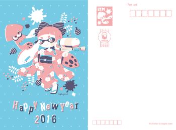 1girl 2016 :> artist_name blue_bow blue_eyes blue_sandals blunt_bangs blush_stickers bow burst_bomb_(splatoon) closed_mouth colored_skin commentary_request dated dot_nose floral_print floral_print_kimono full_body hair_bow happy_new_year holding holding_weapon inkling inkling_(swim_form) inkling_girl inkling_player_character japanese_clothes kimono limited_palette long_hair long_sleeves manami_(uovoegg) multicolored_eyes new_year nintendo no_lineart obi obiage obijime okobo pink_eyes pink_hair pink_kimono platform_sandals pointy_ears postcard print_kimono sandals sash smile solo splatoon_(series) splatoon_1 splattershot_(splatoon) squid striped_bow tabi tentacle_hair twintails two-tone_eyes weapon white_skin wide_sleeves