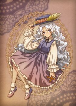 1girl ankle_socks black_ribbon brown_shoes commentary_request cross dark_skin frilled_hat frilled_skirt frills full_body gradient_clothes grey_eyes grey_hair grey_hat grey_vest hand_on_headwear hat hat_feather highres holding holding_cross jacket_girl_(dipp) long_hair looking_at_viewer mary_janes mika_(alquermes) neck_ribbon open_mouth ribbon shirt shoes skirt socks solo touhou very_long_hair vest wavy_hair white_shirt white_socks
