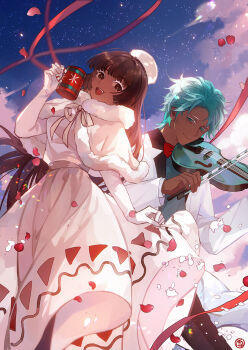 1boy 1girl :d aqua_eyes aqua_hair aqua_shirt black_pants blunt_bangs bow bow_(music) bowtie brown_eyes brown_hair capelet chinese_commentary closed_mouth cloud cocoa_cookie colored_eyelashes cookie_run cookie_run:_kingdom cup dark-skinned_female dark-skinned_male dark_skin dress elbow_gloves falling_petals feet_out_of_frame fur-trimmed_capelet fur_hat fur_trim gloves hat holding holding_bow_(music) holding_cup holding_instrument holding_violin humanization instrument jacket light_particles long_hair long_sleeves looking_at_viewer mint_choco_cookie mug open_mouth outdoors pants parted_bangs petals print_dress print_mug red_bow red_bowtie seal_impression shirt short_hair skirt_hold smile standing suit_jacket traditional_bowtie triangle_print violin white_capelet white_dress white_gloves white_jacket xuedaixun