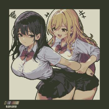 2girls :/ artist_name black_hair black_skirt blonde_hair bow breasts bursting_breasts collared_shirt commentary_request embarrassed fang furrowed_brow grabbing_another&#039;s_arm grabbing_from_behind highres large_breasts long_hair miniskirt multiple_girls open_mouth original pixel_art pleated_skirt red_bow school_uniform shirt shirt_tucked_in short_sleeves sidelocks skin_fang skirt specialhanako swept_bangs thighs white_shirt