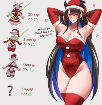 1girl arms_behind_head arms_up black_hair blue_hair breasts cleavage closed_mouth colored_inner_hair demon_horns elbow_gloves fur-trimmed_gloves fur-trimmed_headwear fur-trimmed_leotard fur_trim gloves hat heart highres hololive hololive_english horns large_breasts leotard linyi long_hair looking_at_viewer multicolored_hair nerissa_ravencroft red_eyes red_gloves red_hat red_leotard santa_costume smile solo very_long_hair virtual_youtuber